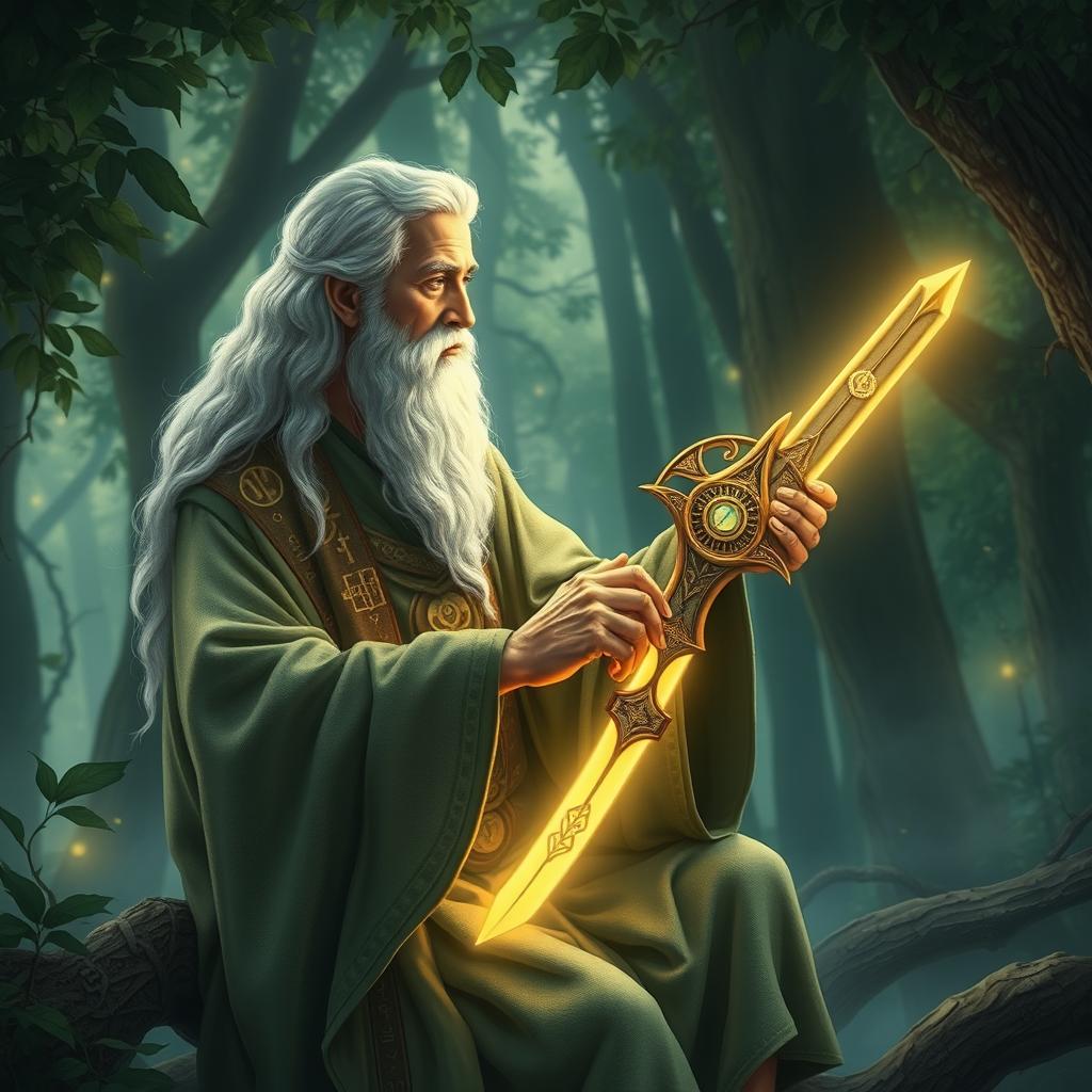 A serene and wise sage depicted in a tranquil, mystical setting, illuminated by the soft glow of ancient runes