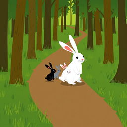 On a forest path, a large white rabbit leads the way, followed by three adorable little rabbits: one black, one white, and one gray