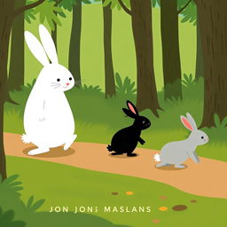 On a forest path, a large white rabbit leads the way, followed by three adorable little rabbits: one black, one white, and one gray