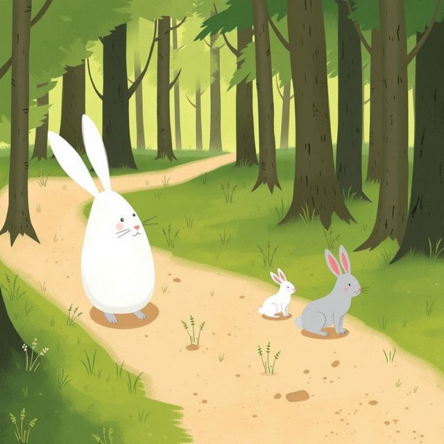 On a forest path, a large white rabbit leads the way, followed by three adorable little rabbits: one black, one white, and one gray