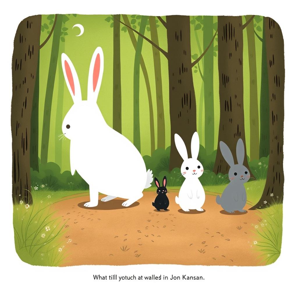 On a forest path, a large white rabbit leads the way, followed by three adorable little rabbits: one black, one white, and one gray