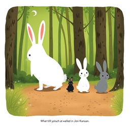 On a forest path, a large white rabbit leads the way, followed by three adorable little rabbits: one black, one white, and one gray