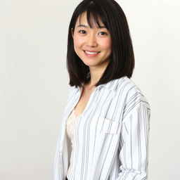 A young, beautiful Japanese woman with straight, shoulder-length black hair, confidently posing indoors in a casual manner