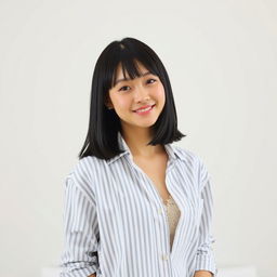 A young, beautiful Japanese woman with straight, shoulder-length black hair, confidently posing indoors in a casual manner