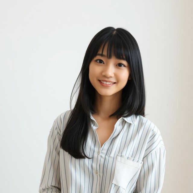 A young, beautiful Japanese woman with straight, shoulder-length black hair, confidently posing indoors in a casual manner