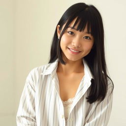 A young, beautiful Japanese woman with straight, shoulder-length black hair, confidently posing indoors in a casual manner