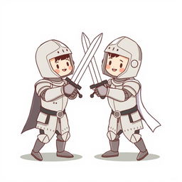 A whimsical, cute illustration of two medieval knights playfully engaging in a friendly duel
