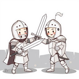 A whimsical, cute illustration of two medieval knights playfully engaging in a friendly duel