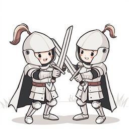 A whimsical, cute illustration of two medieval knights playfully engaging in a friendly duel