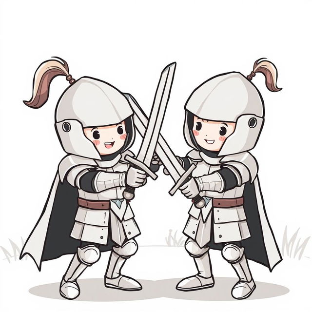 A whimsical, cute illustration of two medieval knights playfully engaging in a friendly duel