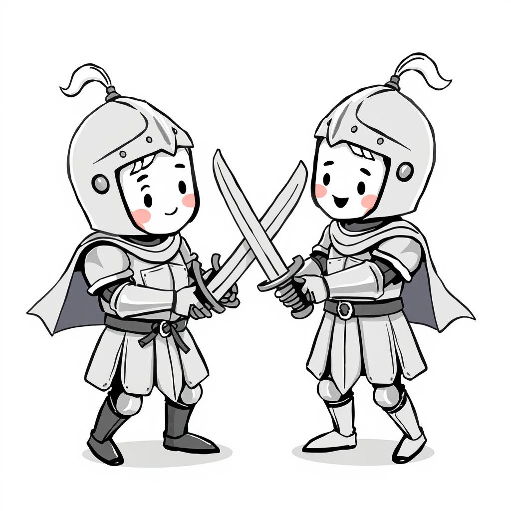 A whimsical, cute illustration of two medieval knights playfully engaging in a friendly duel