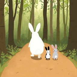 On a forest path, a large white rabbit walks ahead, followed by three cute little rabbits: one black, one white, and one gray