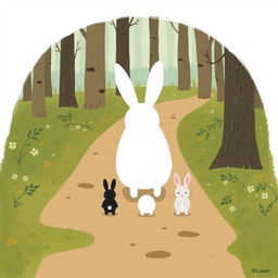 On a forest path, a large white rabbit walks ahead, followed by three cute little rabbits: one black, one white, and one gray