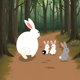 On a forest path, a large white rabbit walks ahead, followed by three cute little rabbits: one black, one white, and one gray