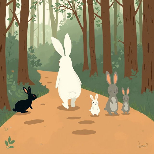 On a forest path, a large white rabbit walks ahead, followed by three cute little rabbits: one black, one white, and one gray