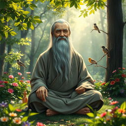 A wise elderly sage sitting peacefully in a tranquil forest, surrounded by lush greenery and vibrant flowers