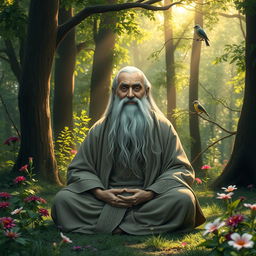 A wise elderly sage sitting peacefully in a tranquil forest, surrounded by lush greenery and vibrant flowers