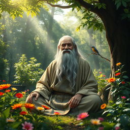 A wise elderly sage sitting peacefully in a tranquil forest, surrounded by lush greenery and vibrant flowers