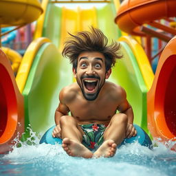 A vibrant and fun water park scene featuring a man with a comically exaggerated large head and an excited facial expression, sliding down a colorful water slide on an inflatable tube