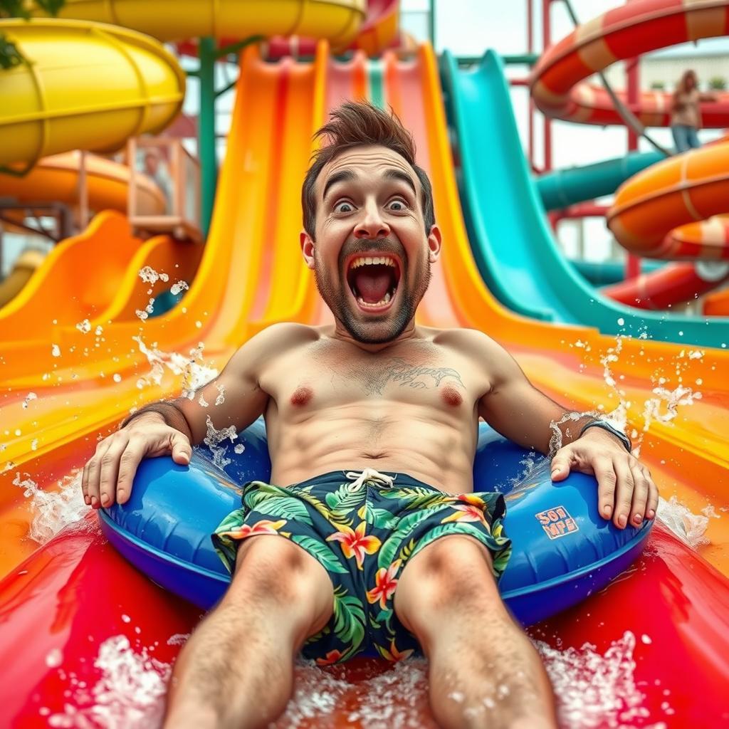 A vibrant and fun water park scene featuring a man with a comically exaggerated large head and an excited facial expression, sliding down a colorful water slide on an inflatable tube