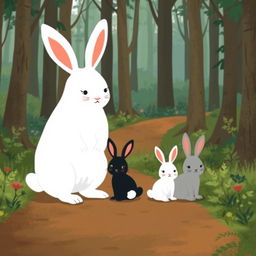 On a forest path, a large white rabbit stands next to three adorable little rabbits: one black, one white, and one gray