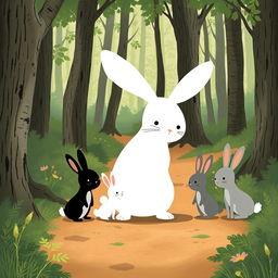 On a forest path, a large white rabbit stands next to three adorable little rabbits: one black, one white, and one gray