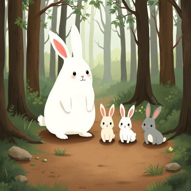 On a forest path, a large white rabbit stands next to three adorable little rabbits: one black, one white, and one gray