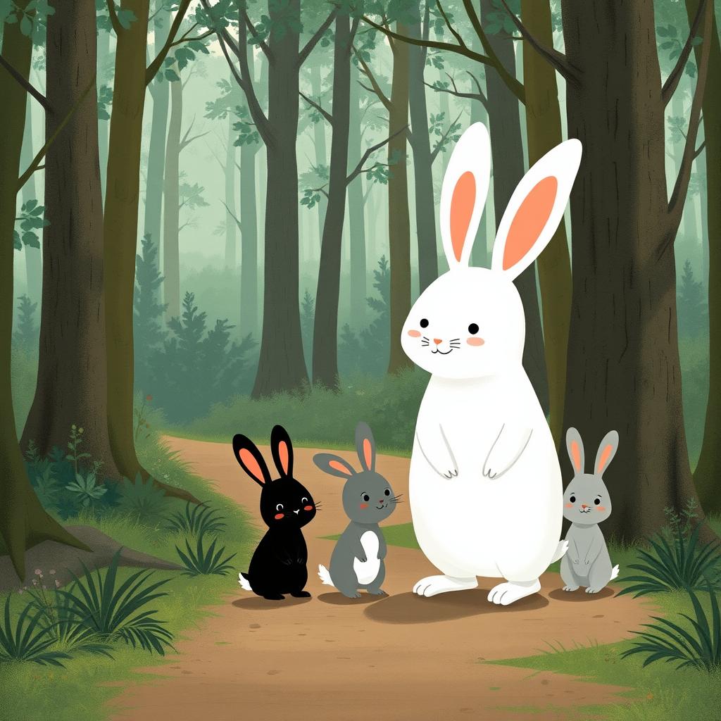 On a forest path, a large white rabbit stands next to three adorable little rabbits: one black, one white, and one gray