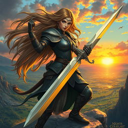A powerful and majestic female warrior, dressed in detailed medieval armor with intricate engravings, brandishing a shining sword