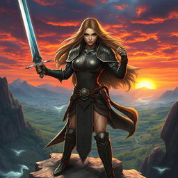 A powerful and majestic female warrior, dressed in detailed medieval armor with intricate engravings, brandishing a shining sword