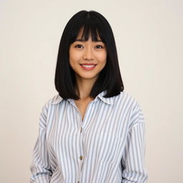 A beautiful Japanese woman with straight, shoulder-length black hair, posing confidently indoors