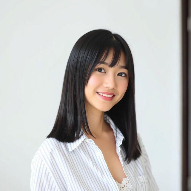 A beautiful Japanese woman with straight, shoulder-length black hair, posing confidently indoors