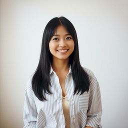 A beautiful Japanese woman with straight, shoulder-length black hair, posing confidently indoors