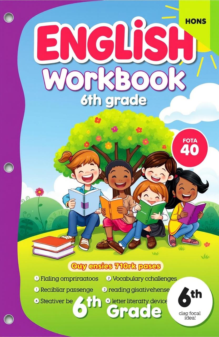 A vibrant and engaging English workbook designed for 6th graders, filled with colorful illustrations and interactive activities