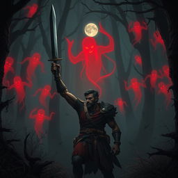 In a dark, shadowy forest, a brave character named Veer stands resolute, facing the first wave of haunting red ghosts that swirl around him, their ethereal forms glowing ominously in the gloom
