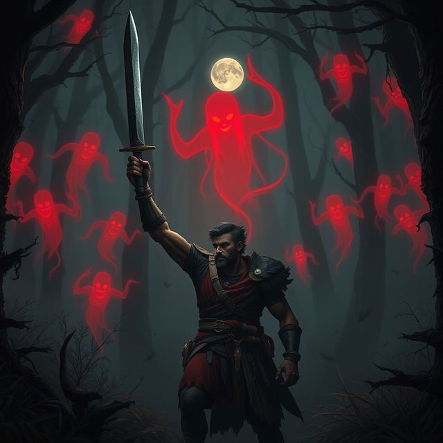 In a dark, shadowy forest, a brave character named Veer stands resolute, facing the first wave of haunting red ghosts that swirl around him, their ethereal forms glowing ominously in the gloom