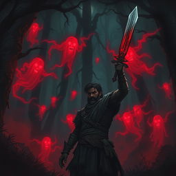 In a dark, shadowy forest, a brave character named Veer stands resolute, facing the first wave of haunting red ghosts that swirl around him, their ethereal forms glowing ominously in the gloom