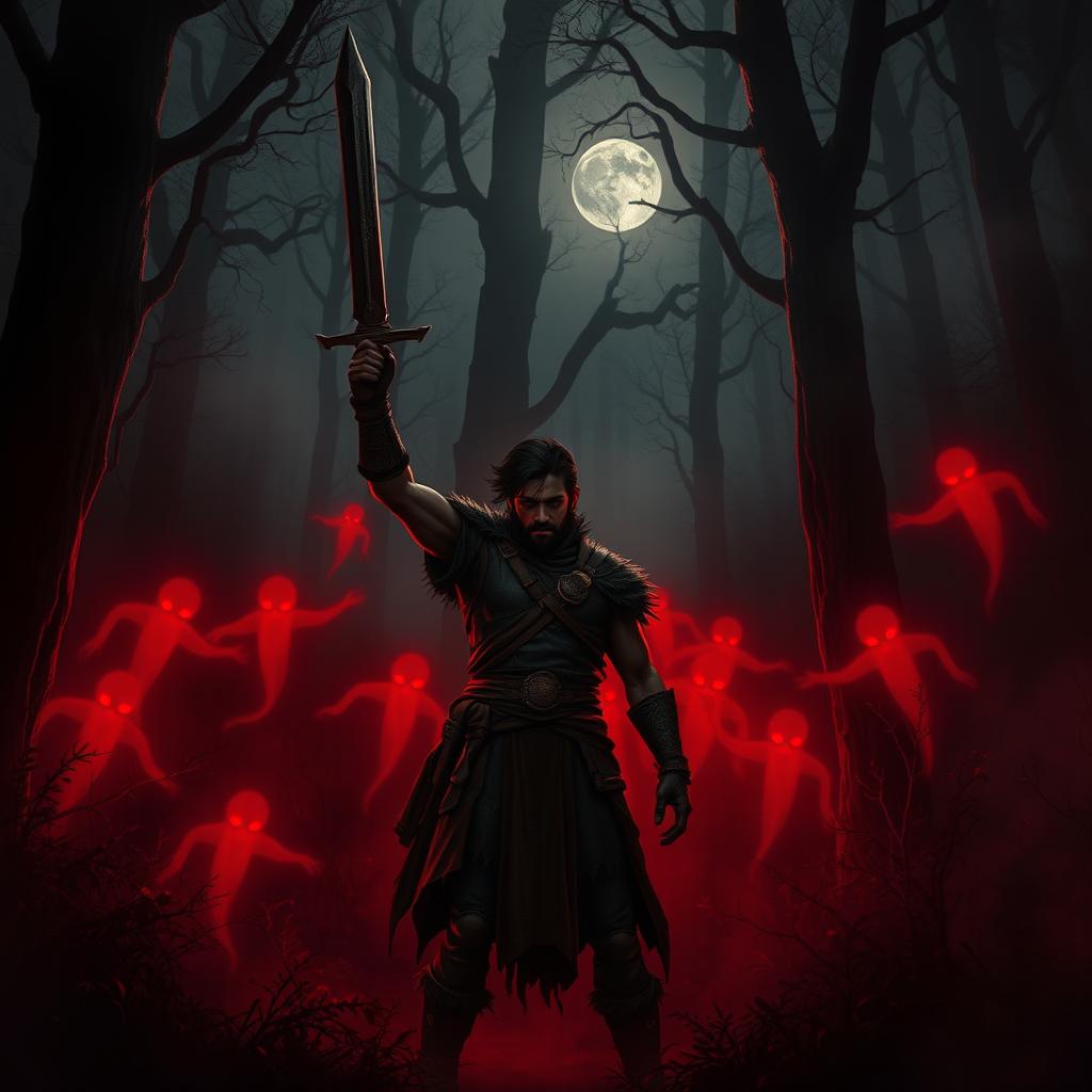 In a dark, shadowy forest, a brave character named Veer stands resolute, facing the first wave of haunting red ghosts that swirl around him, their ethereal forms glowing ominously in the gloom