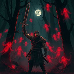 In a dark, shadowy forest, a brave character named Veer stands resolute, facing the first wave of haunting red ghosts that swirl around him, their ethereal forms glowing ominously in the gloom