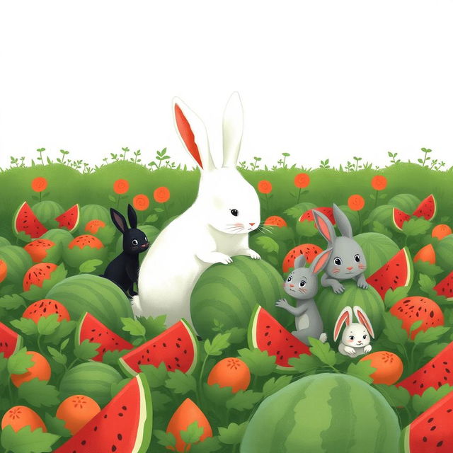 In a watermelon field, a large white rabbit watches three adorable little rabbits as they move watermelons