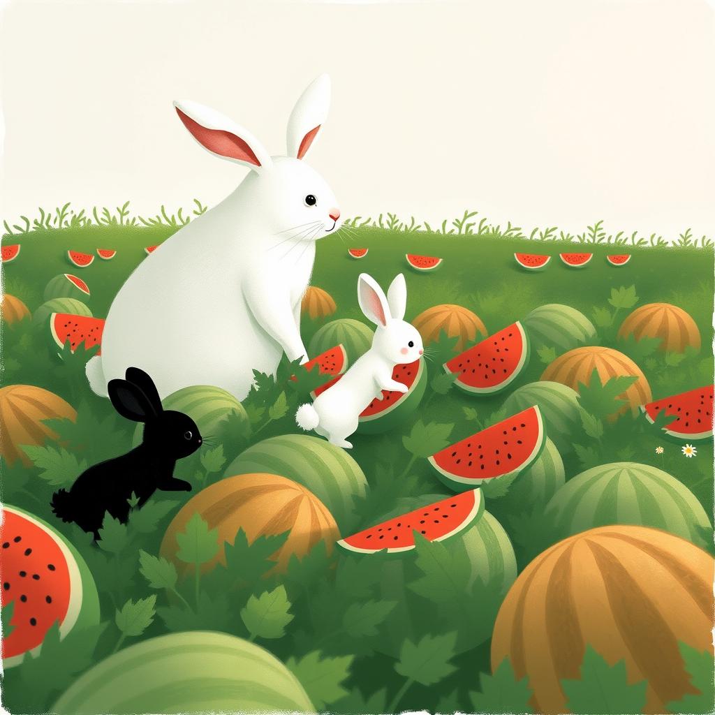 In a watermelon field, a large white rabbit watches three adorable little rabbits as they move watermelons