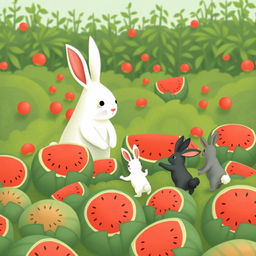 In a watermelon field, a large white rabbit watches three adorable little rabbits as they move watermelons