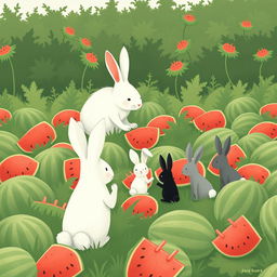 In a watermelon field, a large white rabbit watches three adorable little rabbits as they move watermelons