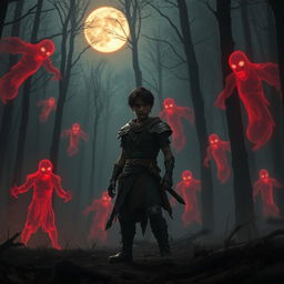 In a dark, misty forest, a young warrior named Veer stands bravely against a menacing first wave of ghostly red apparitions