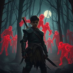 In a dark, misty forest, a young warrior named Veer stands bravely against a menacing first wave of ghostly red apparitions