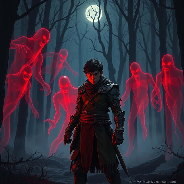 In a dark, misty forest, a young warrior named Veer stands bravely against a menacing first wave of ghostly red apparitions