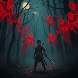In a dark, misty forest, a young warrior named Veer stands bravely against a menacing first wave of ghostly red apparitions