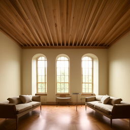 An inviting sitting lounge in an art museum, complete with a broad bay window allowing natural light to pour in, and a traditional wooden ceiling adding warmth and charm.