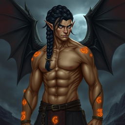 A male Tiefling illrigger with striking jet black hair styled in an intricate viking braid, his solid white eyes convey a sense of otherworldly power