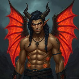 A male Tiefling illrigger with striking jet black hair styled in an intricate viking braid, his solid white eyes convey a sense of otherworldly power